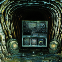 A boombox reflecting the surroundings in a cave, Painting by H.R. Giger, Closeup