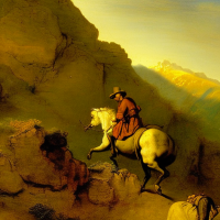 A mouse riding on a horse in a mountainside scene, Painting by Rembrandt