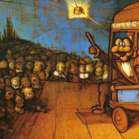 Garfield driving a school bus in a rock concert, Painting by Leonardo Da Vinci