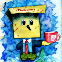 SpongeBob SquarePants dressed as a mailman drinking a cup of coffee in a mountainside scene, watercolors by 5 year old