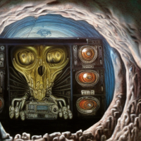 A boombox reflecting the surroundings in a cave, Painting by H.R. Giger, Closeup