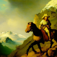 A mouse riding on a horse in a mountainside scene, Painting by Rembrandt