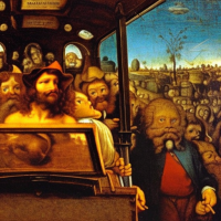 Garfield driving a school bus in a rock concert, Painting by Leonardo Da Vinci