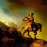 A mouse riding on a horse in a mountainside scene, Painting by Rembrandt