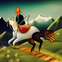 A mouse riding on a horse in a mountainside scene