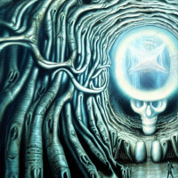 A boombox reflecting the surroundings in a cave, Painting by H.R. Giger, Closeup